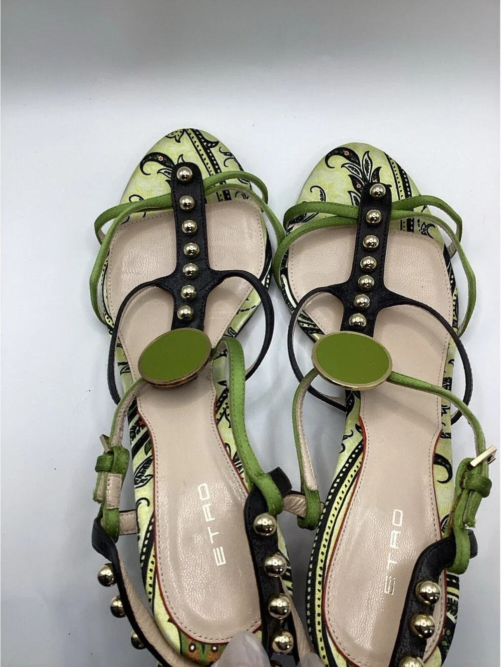 Etro Sandals Size 39 Green Black Studded Paisley Block Heel